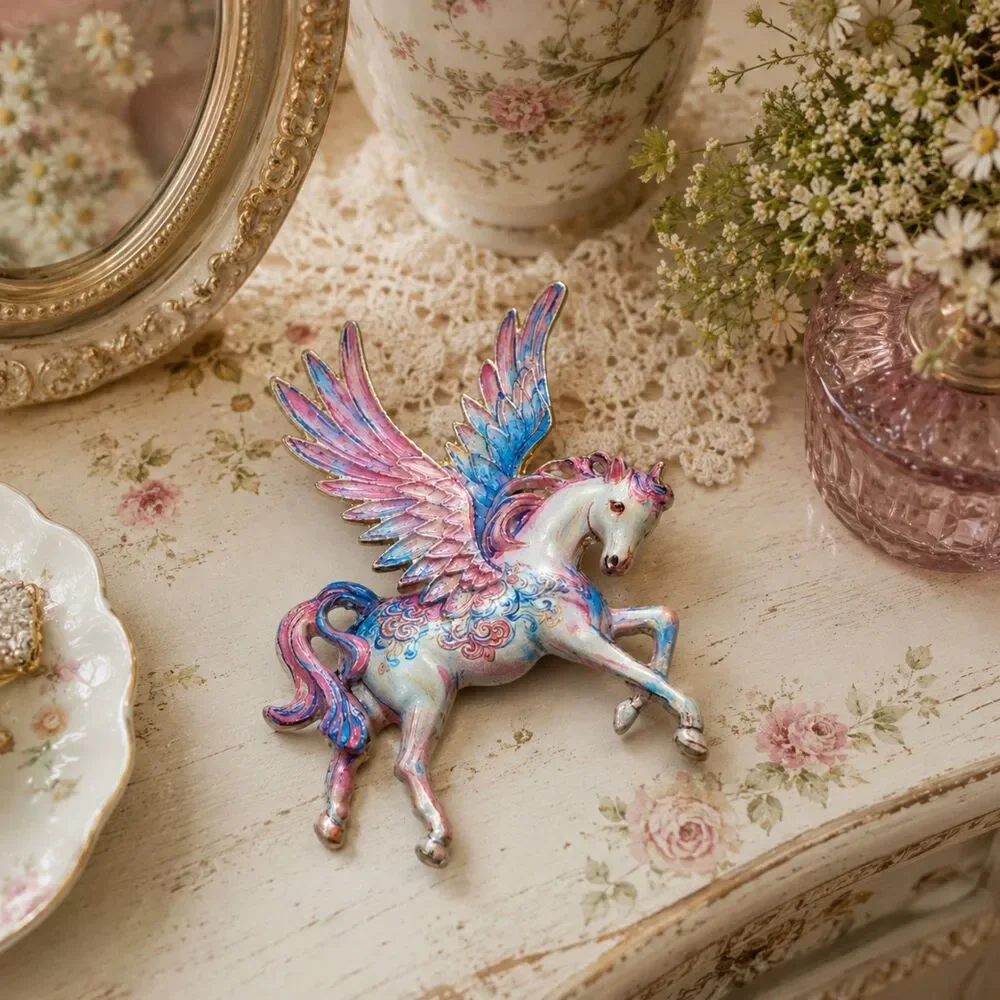 Whimsical Pegasus Brooch, Winged Horse Pin, Fantasy Cottagecore Jewelry